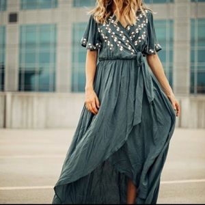 Jodifl Green Floral Embroidered Wrap Dress